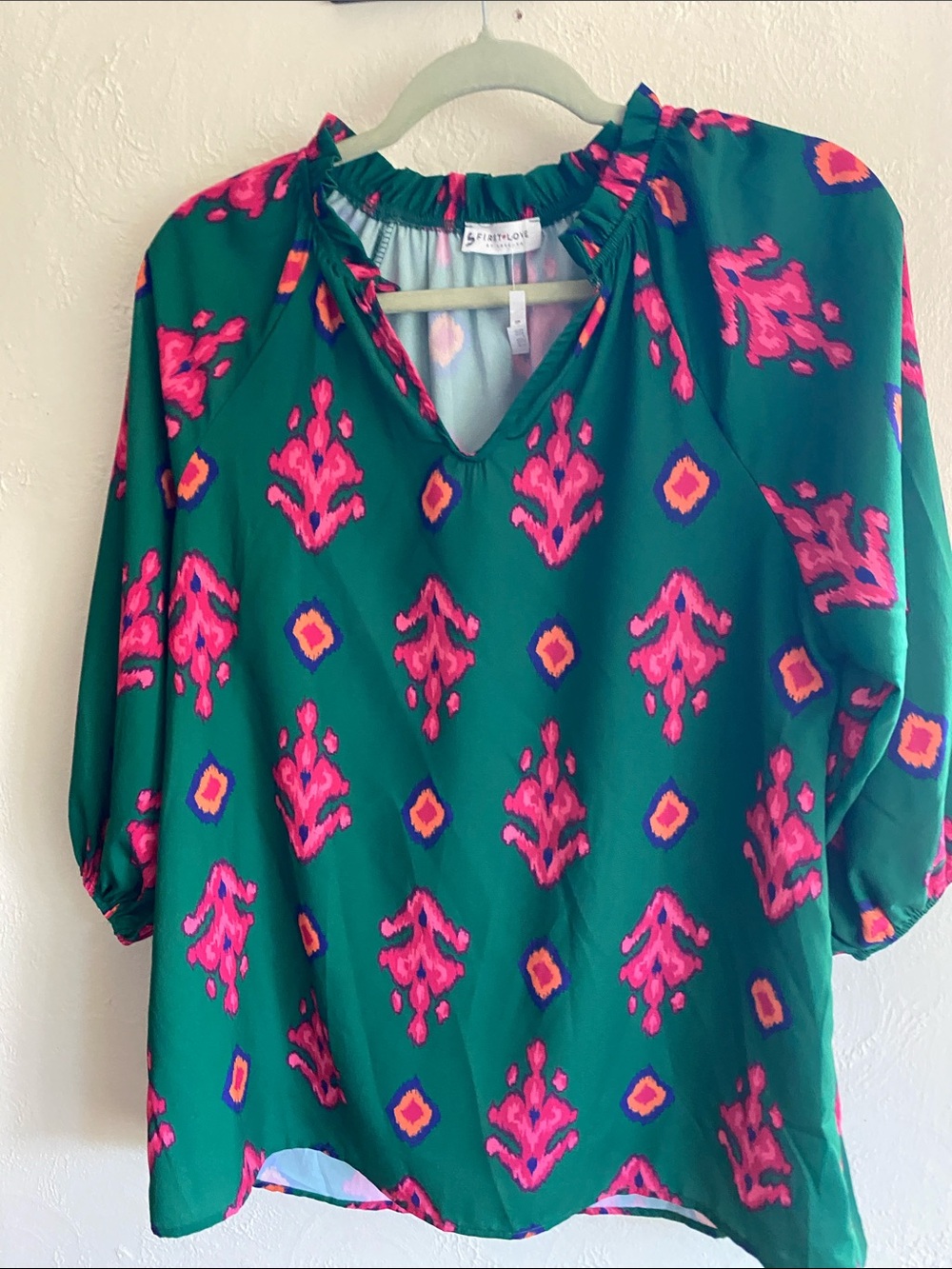 First Love Emerald Green Blouse with Pink Pattern